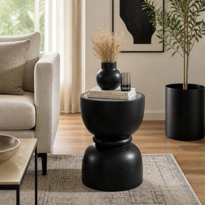Pedestal Marble Top Accent Table with Mango Wood Base for Living Room - Narrow End Side Table with Sculptural Modern Design for Office - 18", Black