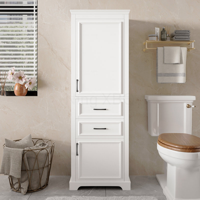 71-Inch Tall Freestanding Bathroom Vanity With Damping-Hinge Doors And Drawers, Featuring A Modern Elegant Design. Includes Adjustable Shelves, A Fixed Shelf, And Space-Saving Storage.