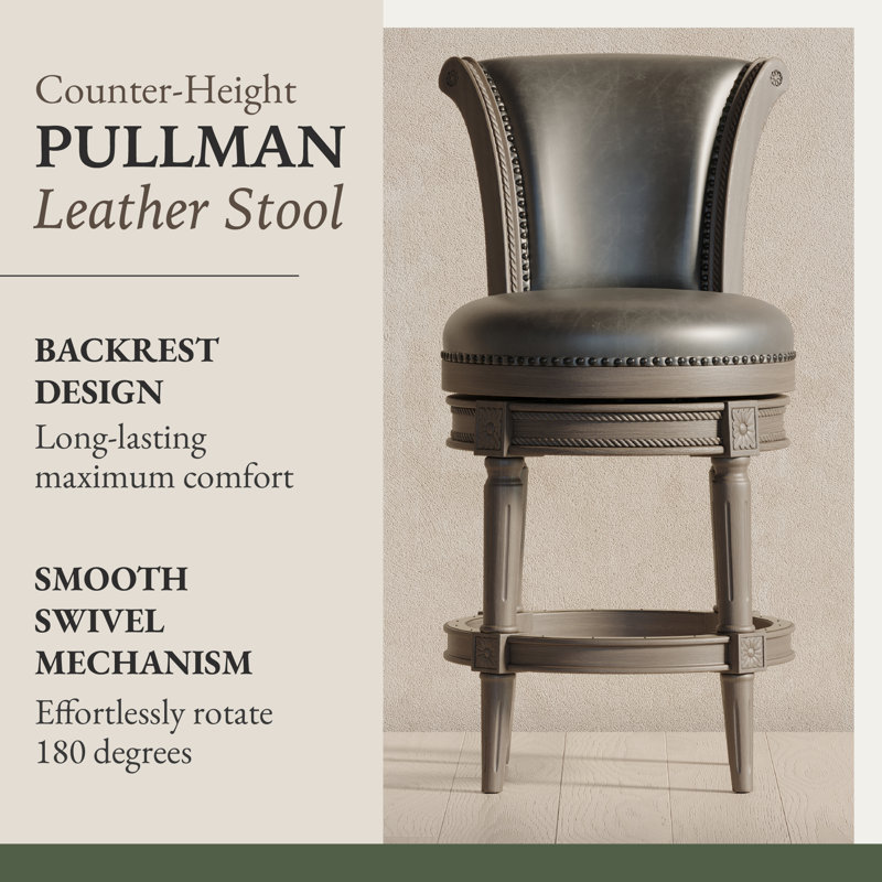 Reclaimed Oak Swivel Counter Stool with Gray Vegan Leather Upholstery