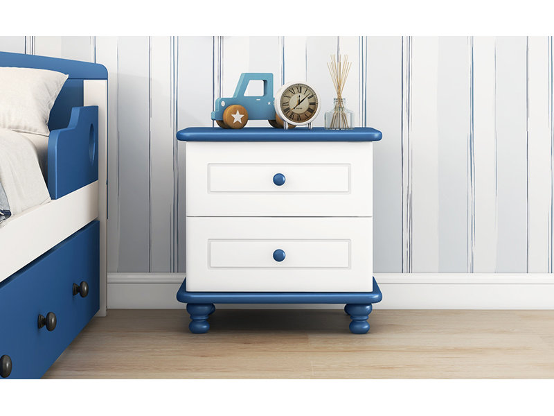 Table de bout à 2 tiroirs en bois massif Adamczak, Bleu