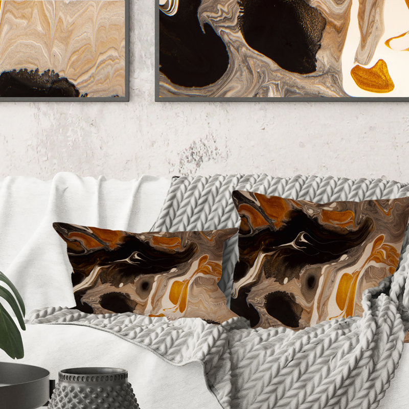 Orange orange, gris et noir paysage de marbre I - Coussin décoratif imprimé moderne 1