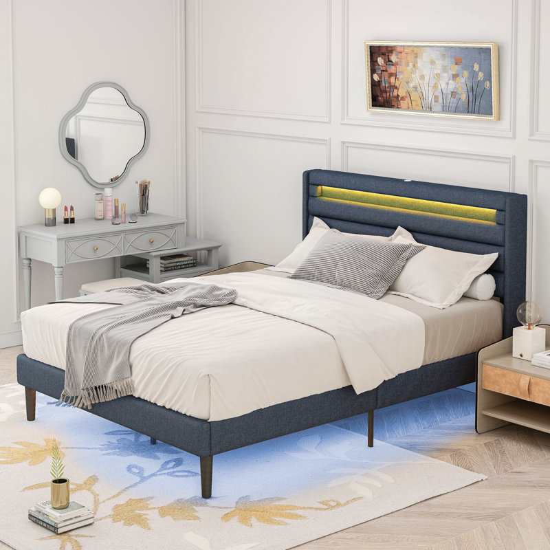 Khansaa  Bedframe with LED Bedside Induction , Wrapped Linen, Bedside Atmosphere