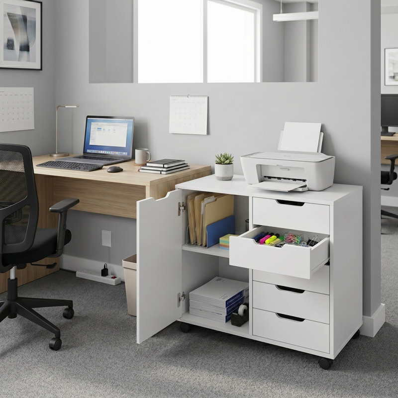 Classeur latéral mobile en bois Lavish Home de 78 cm de large avec 5 tiroirs, étagères réglables et 5 roulettes (blanc)