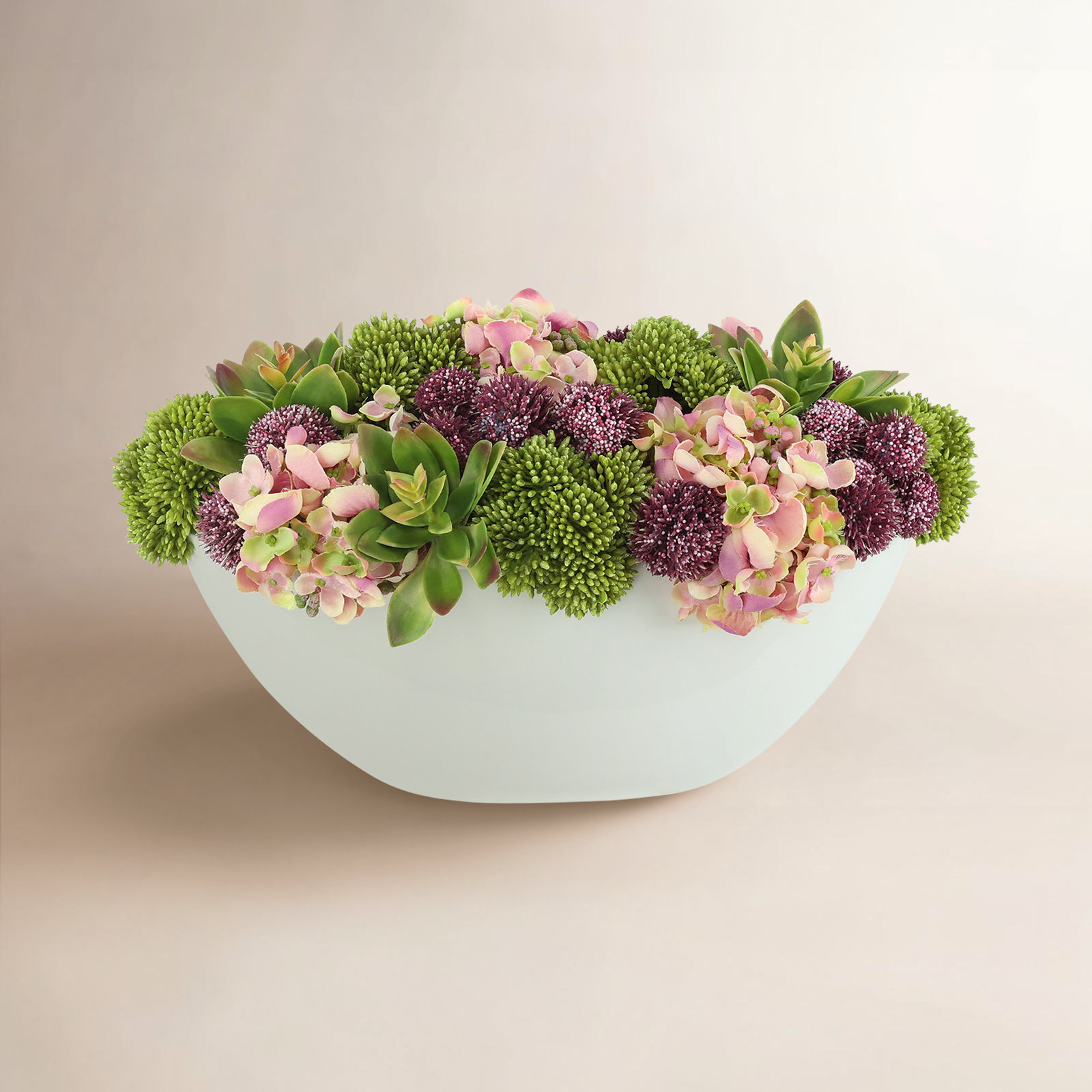 Hydrangea, Succulents and Pompom in White Planter