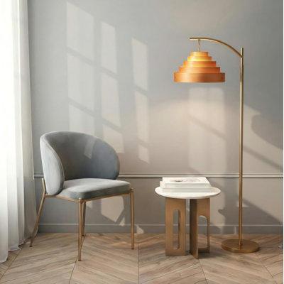 Lampe sur pied, lampe sur pied moderne Mid-Century avec abat-jour en bois stratifié, lampe de lecture haute (laiton antique)
