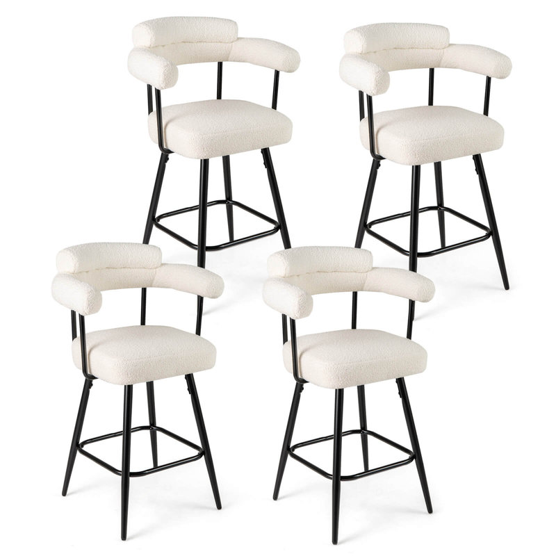 Ensemble de 4 tabourets de bar rotatifs 27 po avec dossier incurvé et accoudoirs, pieds et repose-pieds en métal blanc, Blanc