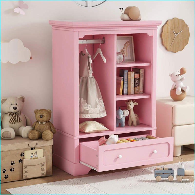 Armoire pour enfants avec tablettes ouvertes, tringle suspendue et amp; Tiroir | Profil bas | Rose | Panneau de particules et panneau de fibres à densité moyenne