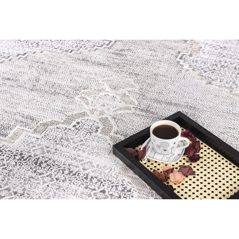 Tapis rond gris en polyester tissé à la machine Waterford, Rond 5 pi 3 po