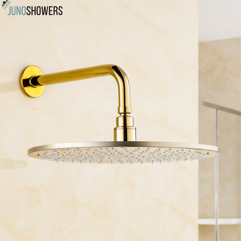 Juno Luxury 16-Inch Round Gold LED Wall-Mounted Shower Head – Elegant Rainfall Design