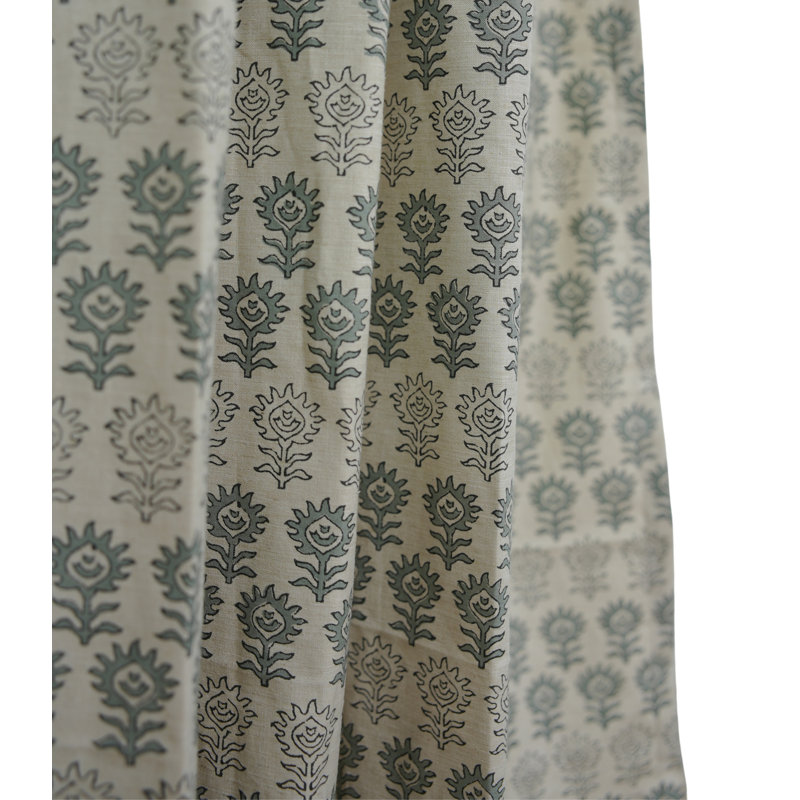 Floral Block Print Linen Pleated Curtain – Surajmuki Gray Floral Light Filtering Window Curtain, 27" W X 108" L