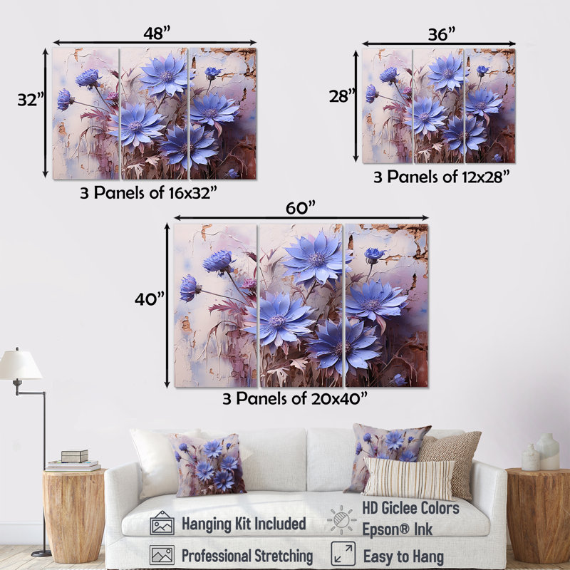 «Mauve cornflowers», ensemble d'art sur toile, Toile tendue, H 32 po x l 48 po x P 1 po