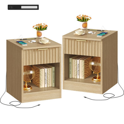 Fluted Nightstand Set Of 2, Night Stand With Charging Station And Led Light, 1 Storage Drawer And Open Shelf, Modern Bedside Table For Small Space, For Bedroom, Living Room, Natural