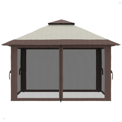 Pavillon de jardin escamotable avec filet, abri de tente à auvent instantané avec toit à 2 niveaux, sac de transport à roulettes, sacs d'eau / sable pour l'extérieur, le jardin, les fêtes