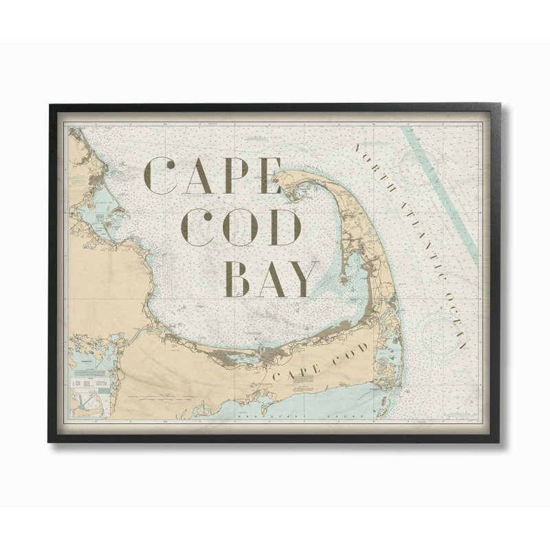 «Cape Cod Bay Beach Vintage Map Word Design», impression, Giclée encadrée noir minuit, H 16 po x l 20 po