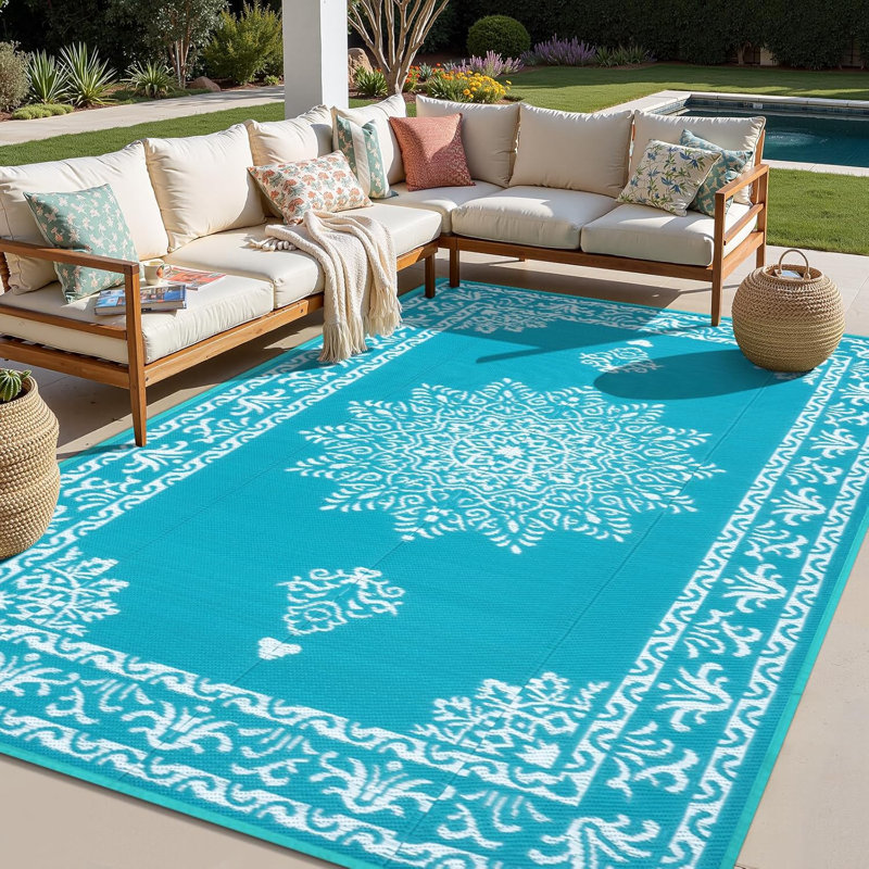 Reversible Outdoor Rug Plastic Straw Patio Rug Large Camping Mat, Rectangle 9' x 12', Blue