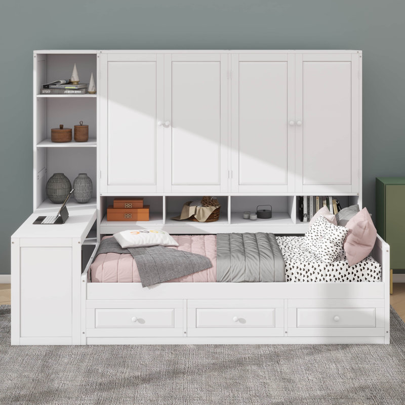 Lit de jour en bois avec trois tiroirs, rangement intégré et espace de travail, Gris, Lit double