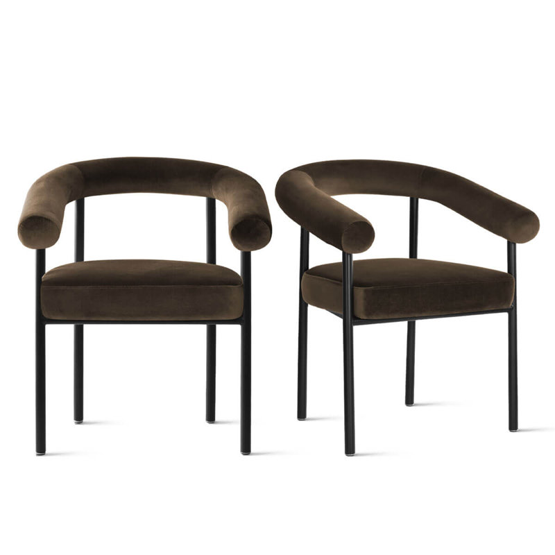 Chaise rembourrée moderne avec accoudoirs courbés, Velours brun chocolat