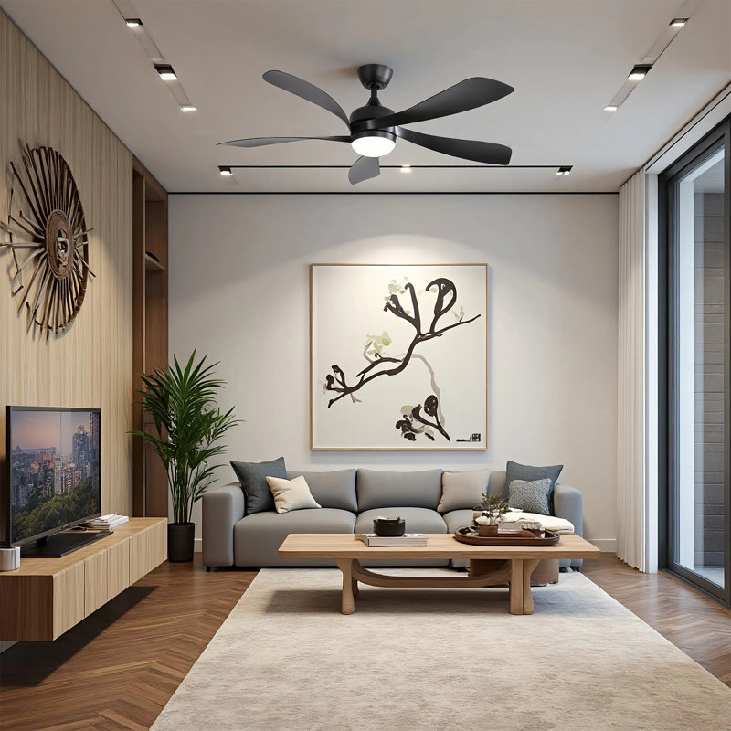 TurboBreeze 52'' - 5 Blade Modern Ceiling Fan with Dimmable Light Kit and Remote Control, Matte Black/Matte Black, 52" 