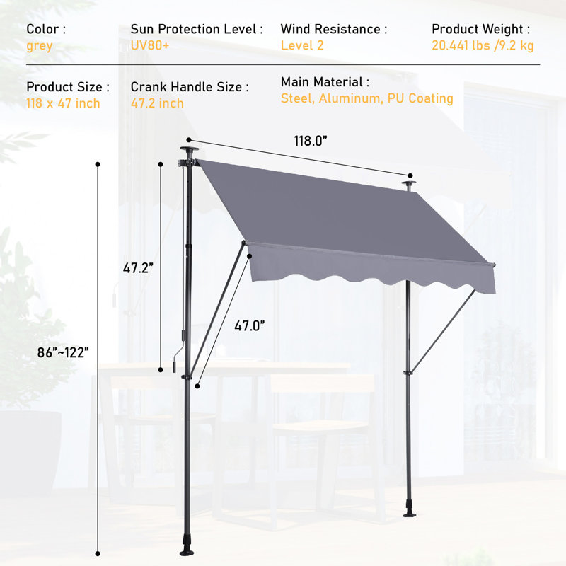 Protected Patio Door Awning - 118'' Sun Shade With Cover And Adjustable Height Option Package Outdoor Protection Canopy Uv80+ Water Resistance