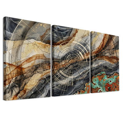 Ensemble de 3 toiles murales abstraites à texture géométrique et motifs concentriques dorés