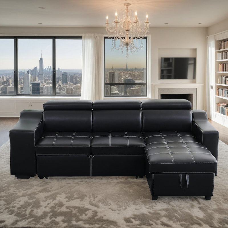Ensemble de canapé convertible 3 pièces en cuir noir respirant avec rangement et fonction de lit - Canapé modulaire multifonctionnel pour petits espaces