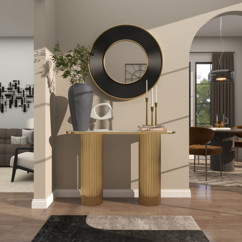 Console ovale en métal Cole & Grey avec plateau en marbre blanc et pieds côtelés