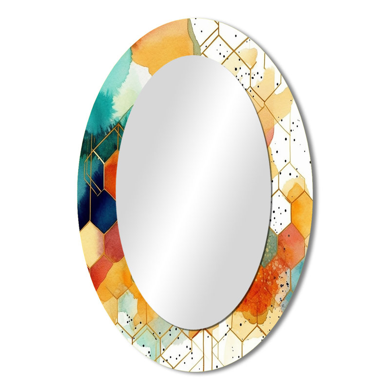 Coloré Hexagone I - Grand miroir mural ovale sur métal, 36 po x 24 po