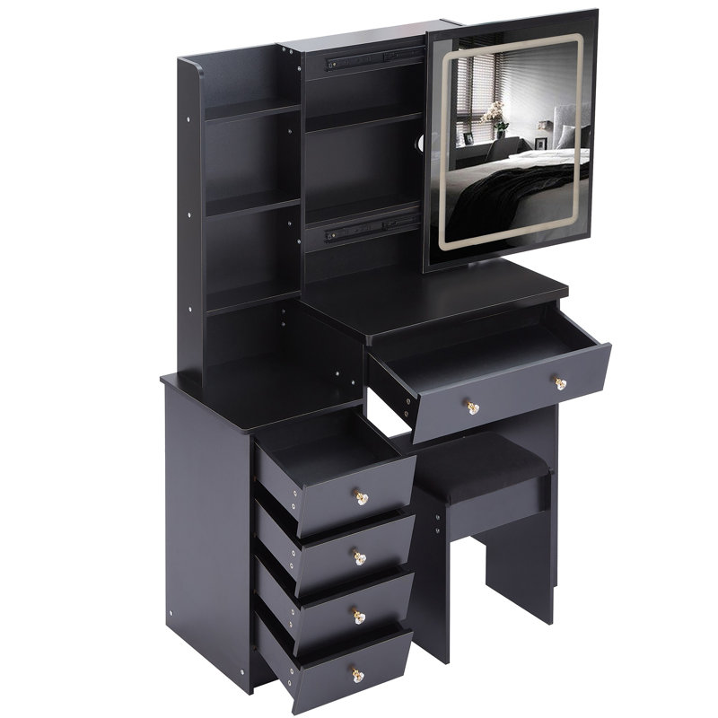 Table de chevet de l'armoire de chevet, tabouret rembourré, grand miroir à DEL tactile, ensemble de maquillage, Noir