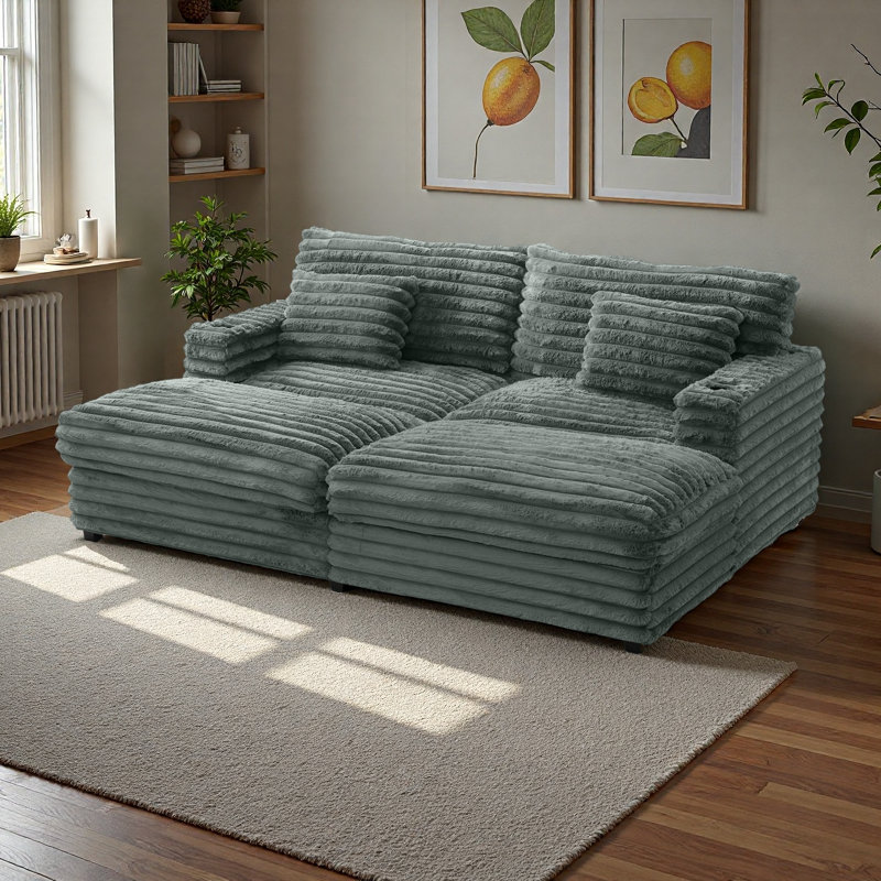 Canapé surdimensionné double de 83,5 po, canapé-lit moelleux en fausse fourrure de lapin avec ports USB, porte-gobelets et coussins de soutien, lit de jour rembourré pour le salon