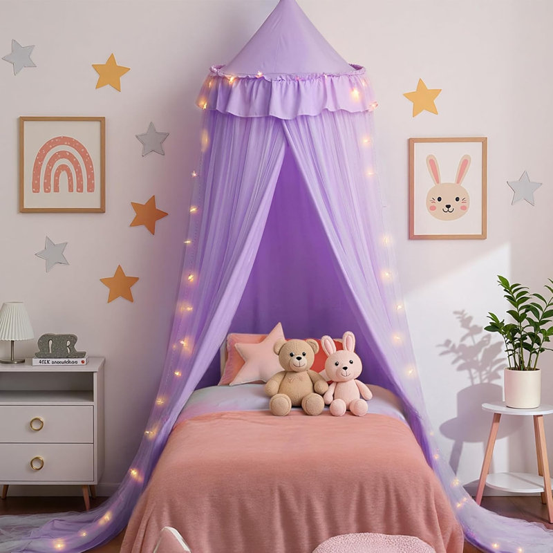 Large Bed Canopy with Star Lights, Double Layer Canopy for Bed,  Canopy Bed Curtain, Purple