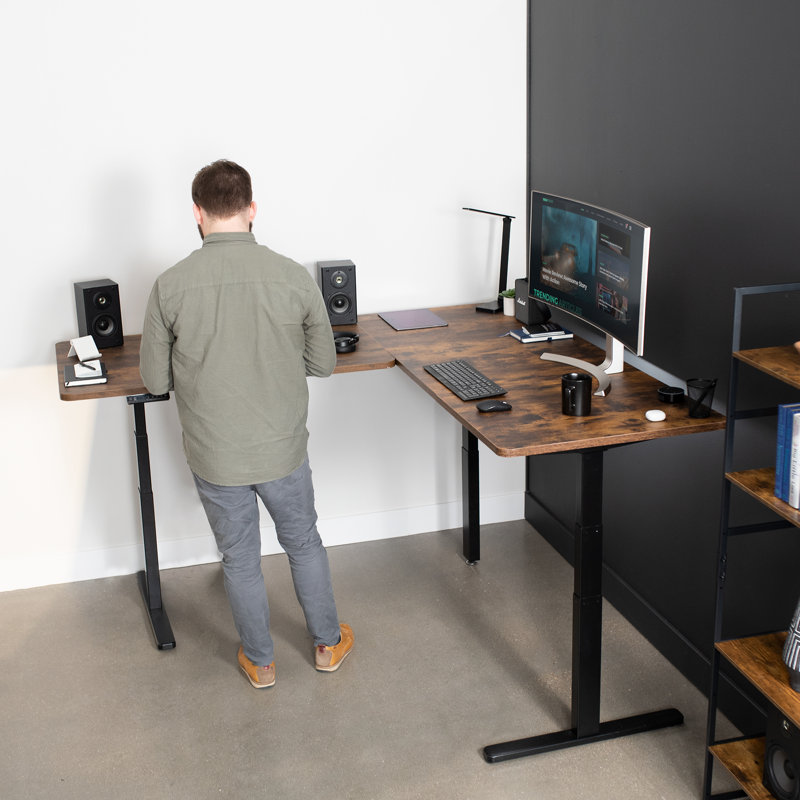 Vintage Brown and Black Adjustable Height L-Shaped Computer Desk
