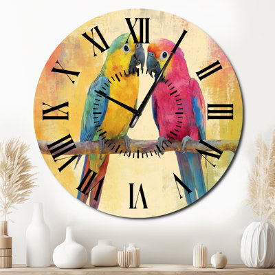 Duo d'oiseaux tropicaux - Horloge murale ronde silencieuse en métal Nature