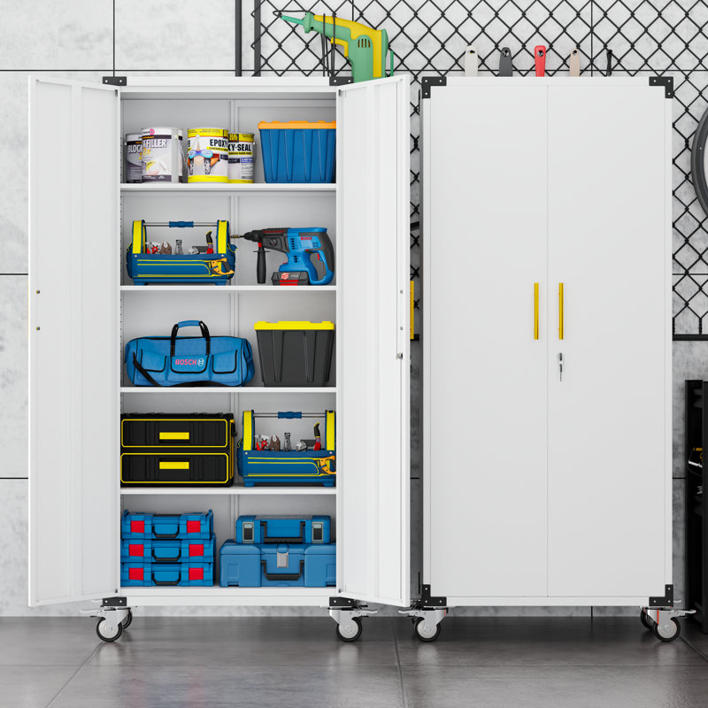 70.9" Metal Rolling Tool Storage Cabinet with Lock and 4 Adjustable Shelves for Garage,Home,Office, White