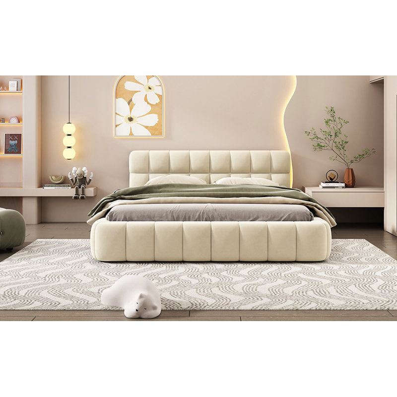 Lit moderne, lit plateforme tapissier avec tissu épais, lit avec base solide