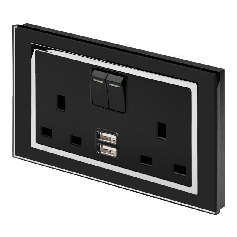 Crystal CT 2.1A USB & 13A DP Double Plug Socket With Switch White, Black