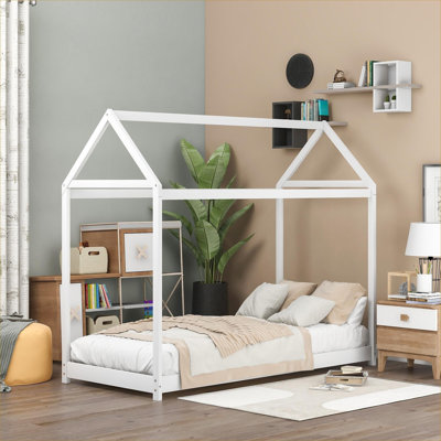 Pine Wood Soft White House Bed Frame, Twin Size, Low-Height Playful Design for Children’s Bedrooms