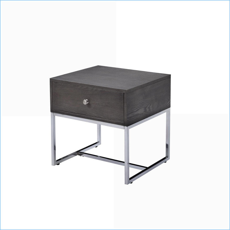 Table basse en chêne gris et finition chromée par Iban - Gain de place avec tiroir en feutre pour petits espaces