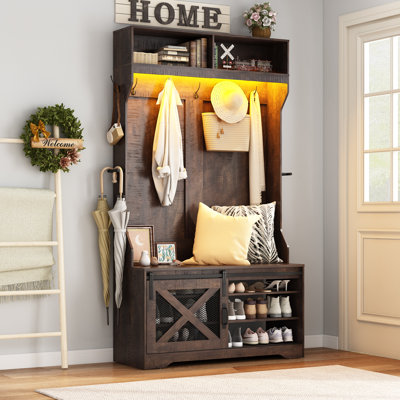 Portemanteau 75 pouces à DEL avec banc, armoire à chaussures réglable, 7 crochets à manteaux, porte-parapluies et bande lumineuse à DEL, porte-manteau sur pied en bois aggloméré robuste pour vestibule vestibule