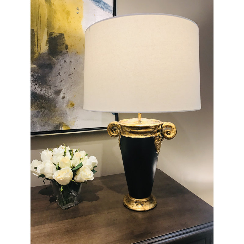 Lampe de table Harriston Gallier en tissu noir et or blanc vieilli