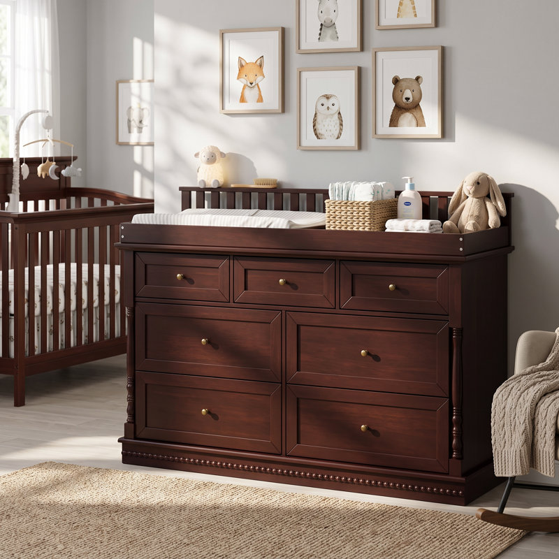 Commode à langer à 7 tiroirs avec système anti-basculement, Noyer