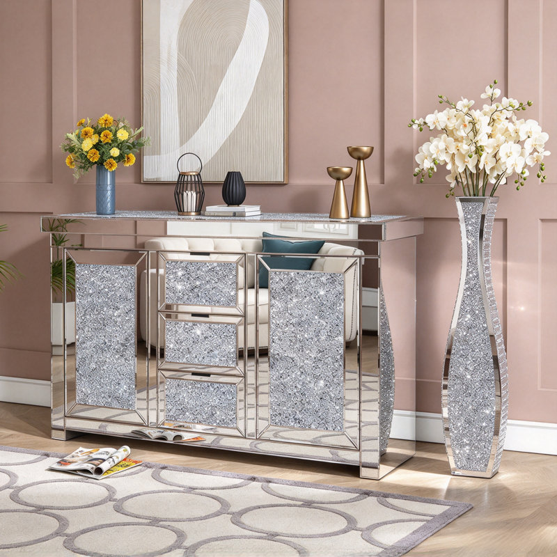 2-Piece Mirrored Set, 145cm 3-Drawer Mirrored Glass Sideboard + 92cm Mirrored Glass Floor Vase