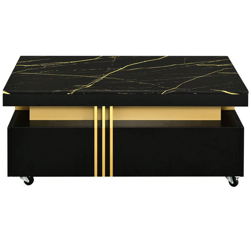Table basse contemporaine avec roulette mobile, faux tiroir central rectangulaire noir,