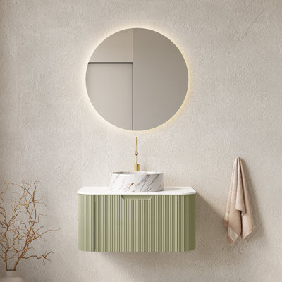 Meuble-lavabo de 30 po avec lavabo en céramique blanc à motif de pierres rondes, armoire de rangement à rayures 3D, pré-assemblé, grand espace, tiroir à fermeture en douceur