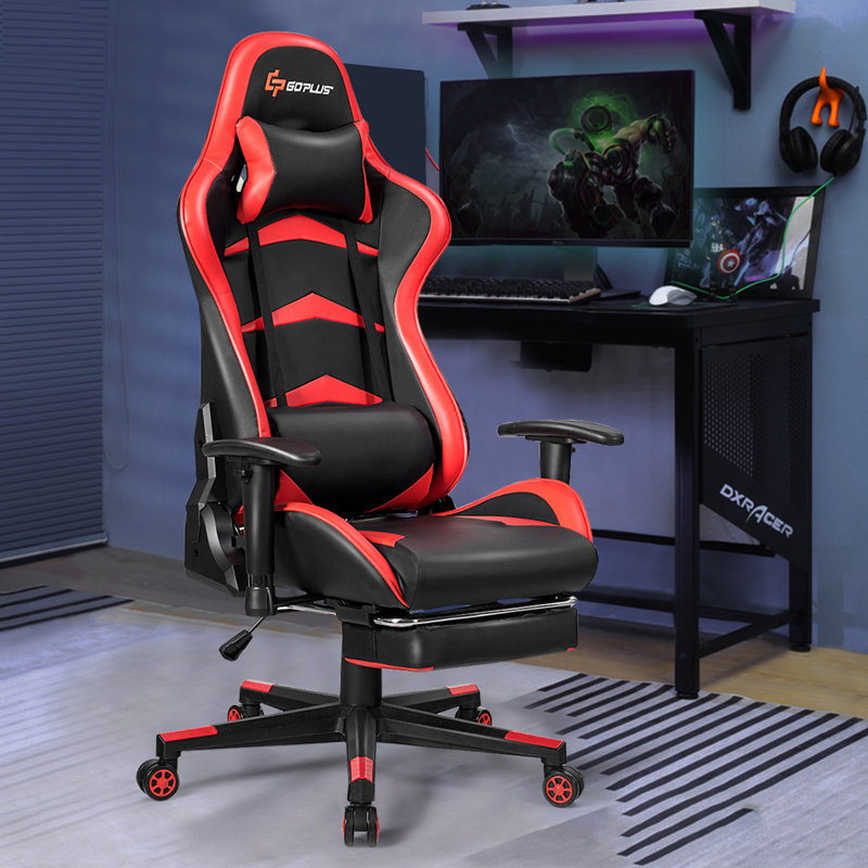 Ebern Designs Adjustable Reclining Ergonomic Swiveling PC & Racing Game Chair with Footrest, Red