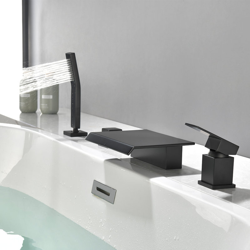 Deck Mount Roman Tub Faucet Set Waterfall High Flow Bathtub Faucets, Matte Black