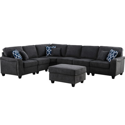 125" Modular In Dark Gray Fabric - 6 Accent Pillows, 18" Seat Back Height, Practical Woven Sectional With 7 Pc Modules And Customizable Setup, 23" Arm Height