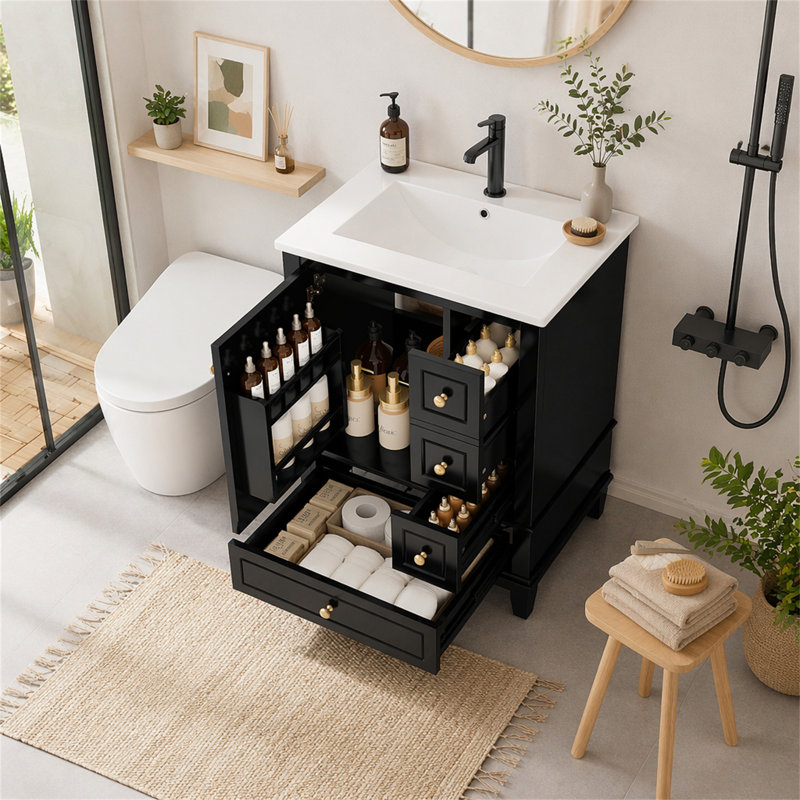Meuble-lavabo autoportant de 24 po avec lavabo et tiroirs avec plateau en céramique et tablettes de rangement, panneau de fibres à densité moyenne et base en bois massif