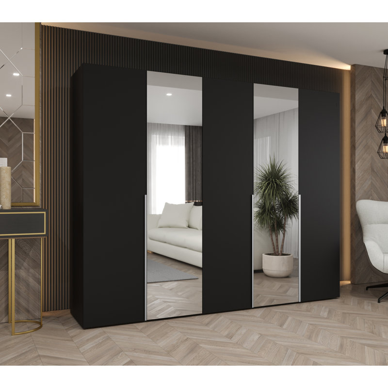 Wardrobe Cante 2, Mirror, Standard Doors, black matt + handles: cashmere, 202 H x 250 W x 52 D