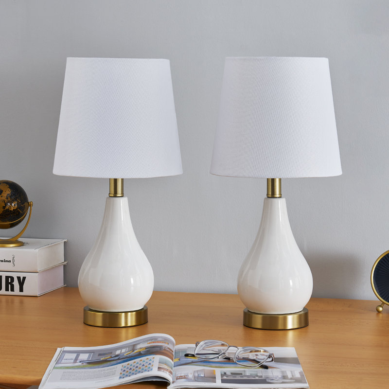 Conyers 18" Modern Ceramic Table Lamp Set with USB Ports and Polished Antique Bronze Base, White