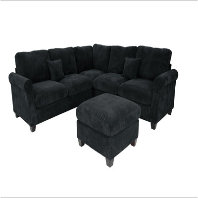 4Pc Sectional Set Matching Pillow Cocktail Ottoman Corner Wedge Right And Left Arm Loveseat Corduroy Upholstered Black Finish Primary Living Room